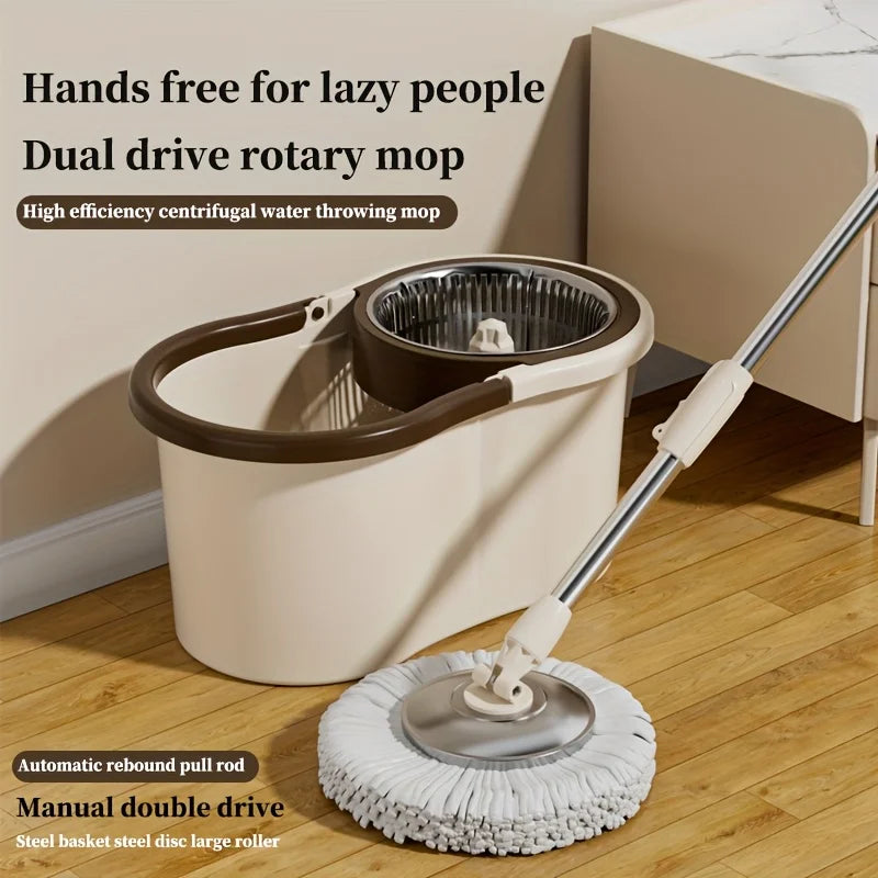 2-in-1 Dual-Drive Rotary Mop Set with Bucket – 360° Spin Mop for Wet & Dry Floors, Hands-Free Wringing, Easy Home Cleaning